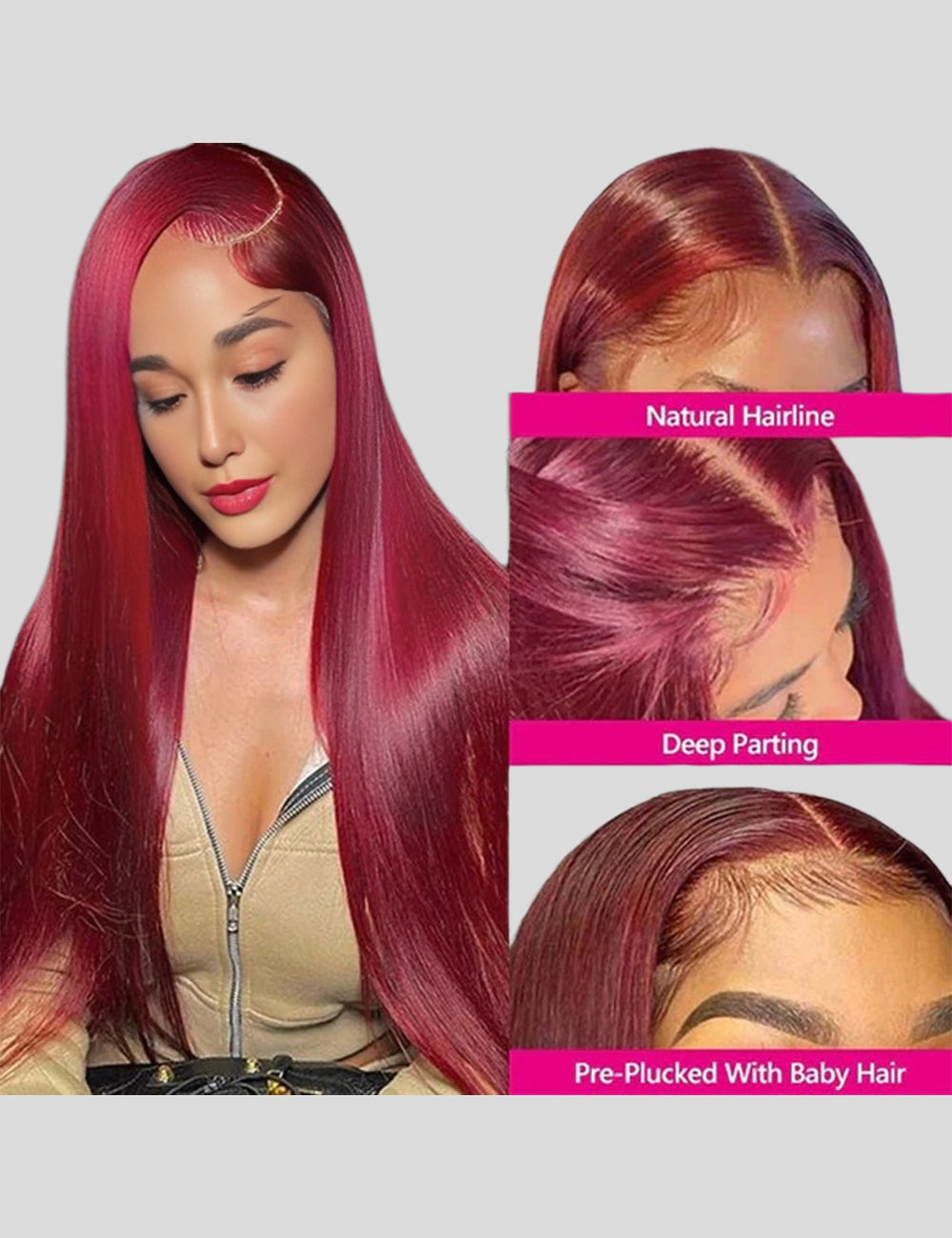 Burgundy Lace Front Wigs 32 Inch HD Human Hair Wigs Straight Colored Wigs with Baby Hair