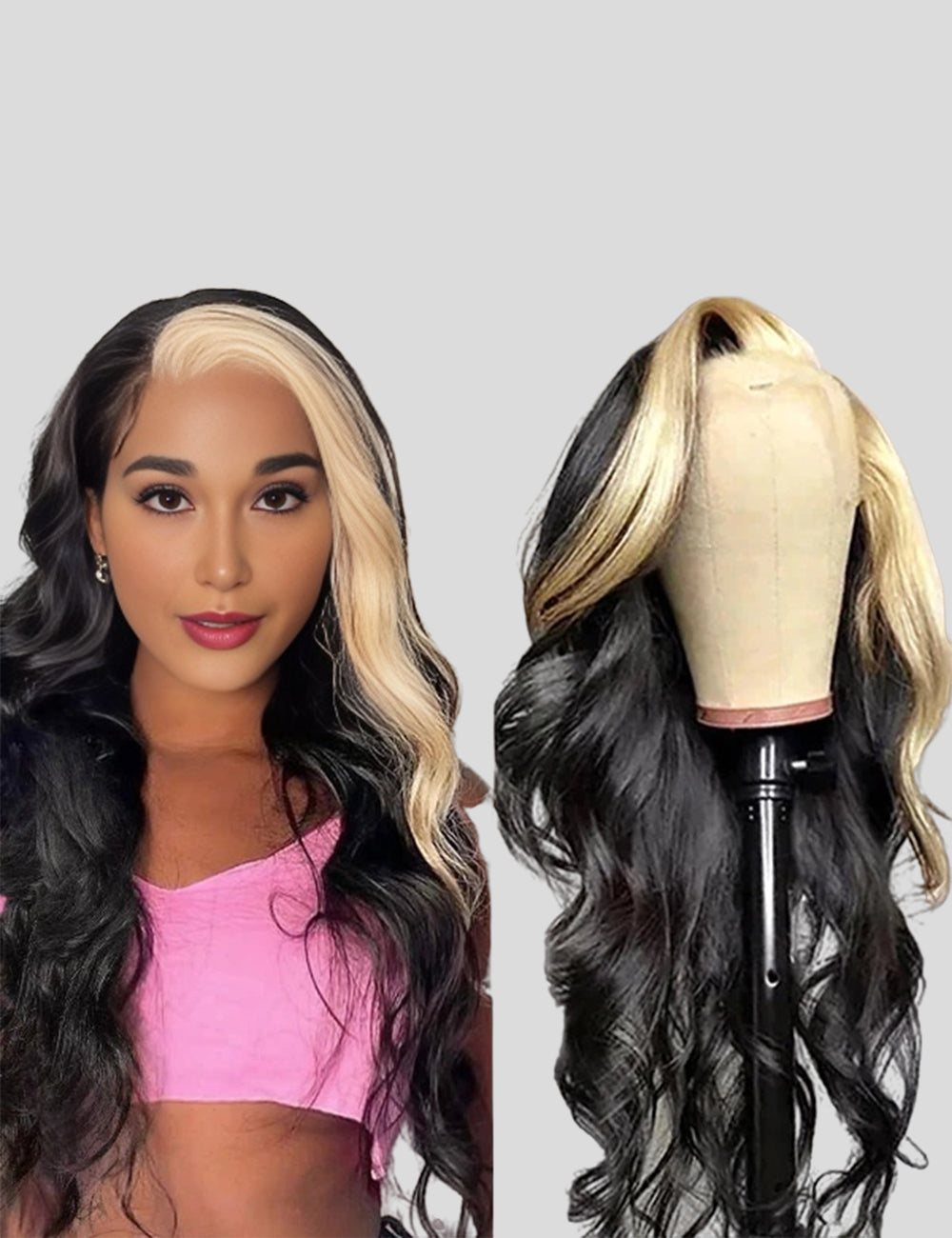 Skunk Stripe Hair Body Wave Front Wigs 30 Inch Lace Front Wigs with Baby Hair Colored Human Hair Wigs