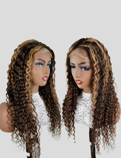 Highlight Wig Deep Wave Wig Honey Blonde HD Lace Wig 4x4 Lace Closure Wig