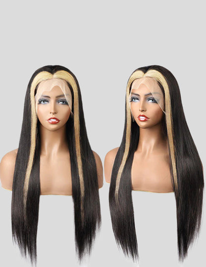 Blonde Skunk Stripe Lace Wig 13x4 Lace Front Wig Straight Glueless Human Hair Wigs Highlight Body Wave Wig