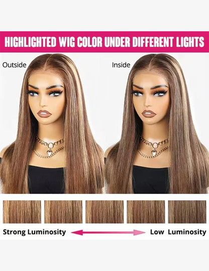 Invisible Knots Kinky Straight Wear Go Glueless Wigs Pre Plucked P4/27 Highlighted Lace Frontal Wig Pre Cut Wigs