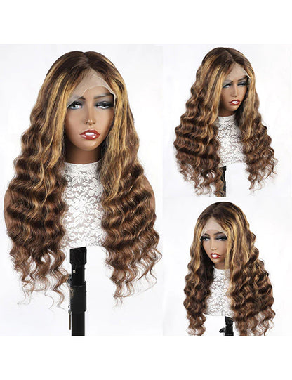 Highlight Honey Blonde Human Hair Wigs For Sell 30 Inch Loose Deep Wave Wigs 4x4 Lace Closure Wigs