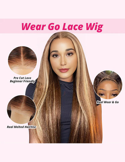 Invisible Knots Kinky Straight Wear Go Glueless Wigs Pre Plucked P4/27 Highlighted Lace Frontal Wig Pre Cut Wigs