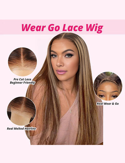 Invisible Knots Highlight Brown Straight Hair Wig Pre Cut Wigs 13x6 Glueless Lace Frontal Wig