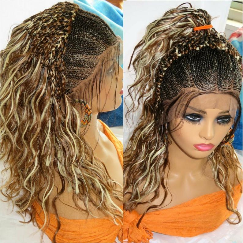 Braided Lace Wig 13&quot; by 4&quot; Lace closure Feed in Cornrows Handmade Ghana Weaving