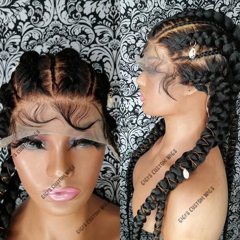 Stitch Feed-In Braids Full Lace Wig Braided Cornrow Wig With Hair Jewelry