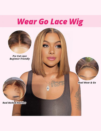 Invisible Knots Wear Go Straight Short Bob Wig Balayage P4/27 Highlighted 5x5 Lace Closure Wigs Pre Cut Wigs